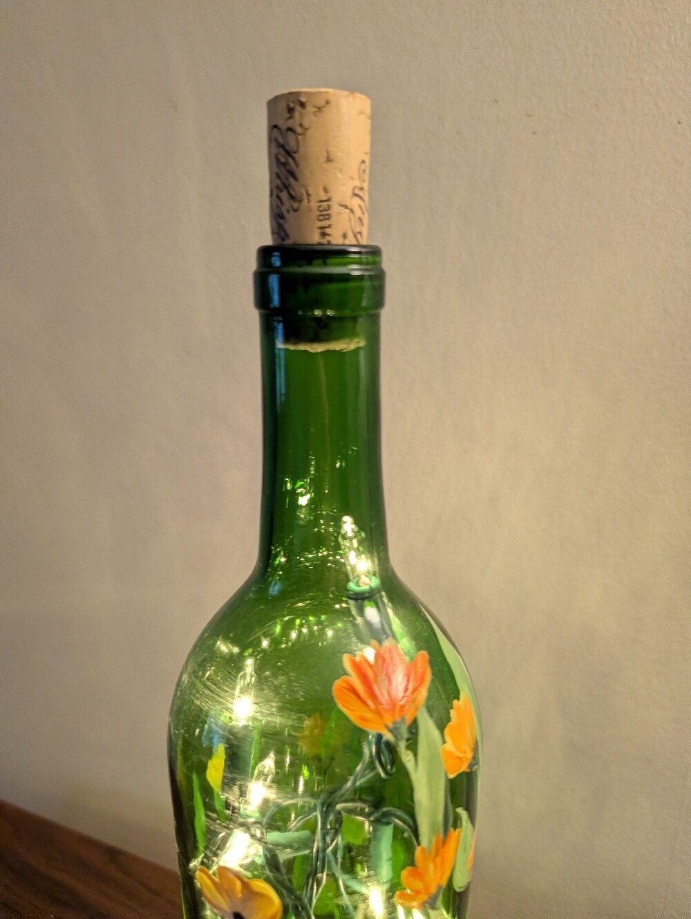 Hand-Painted Green Floral Bottle with Lights - Picture 5 of 8